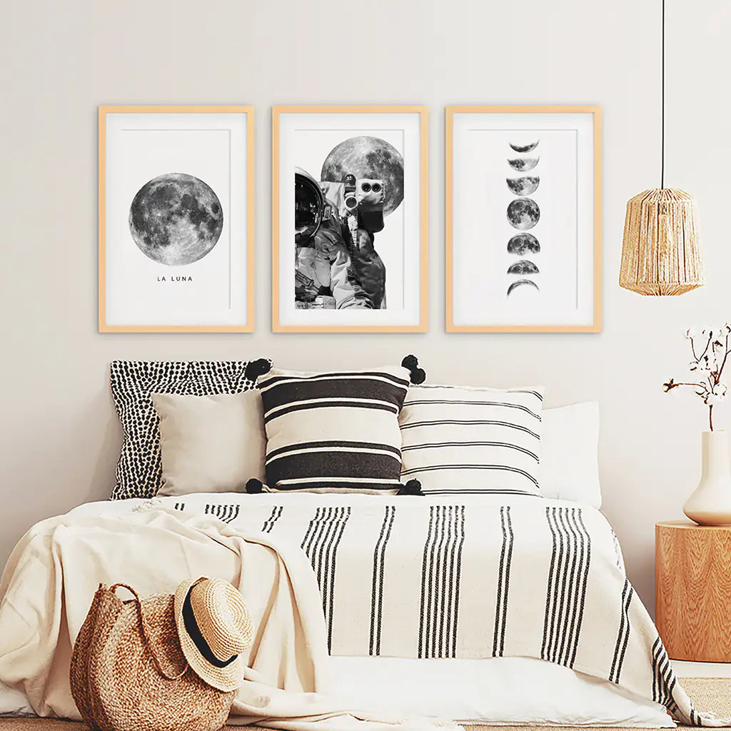Modernes Wandkunst-Set mit 3 Mondphasen in Schwarz-Weiß