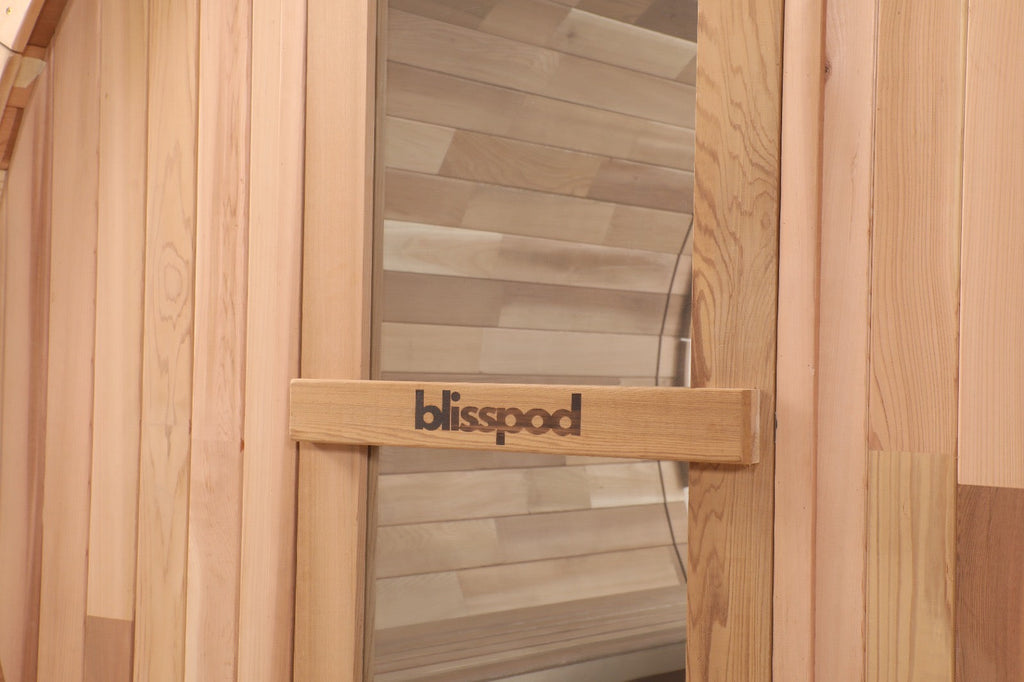 Blisspod, Prague, Canadian Red Cedar Outdoor Steam Barell Sauna, 2-4 / 4-6 persons with Full Glass Back & 2 front Porch seats