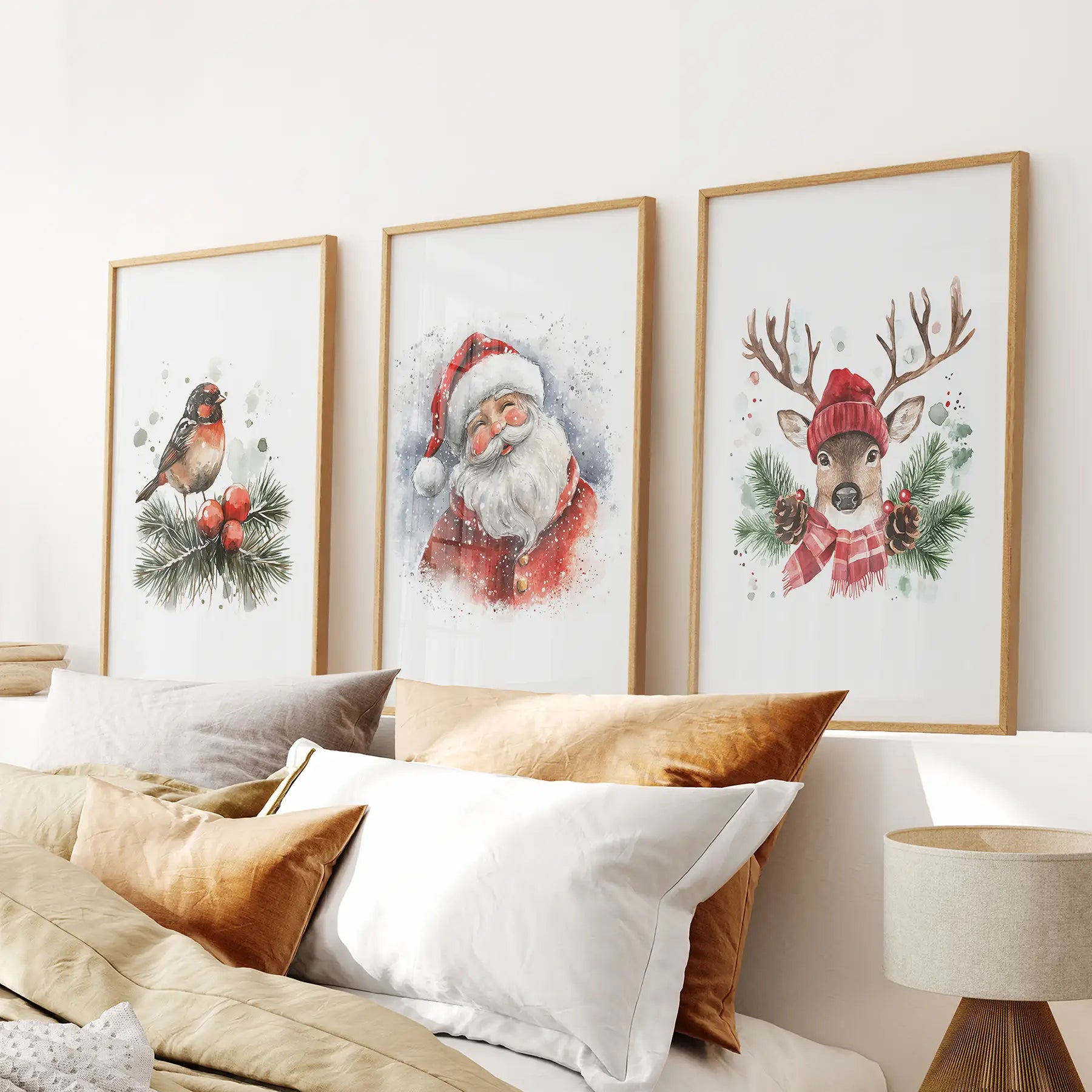 Weihnachts-Kunstdruck-Set (3-teilig): Weihnachtsmann, Rentier, festliche Wandkunst