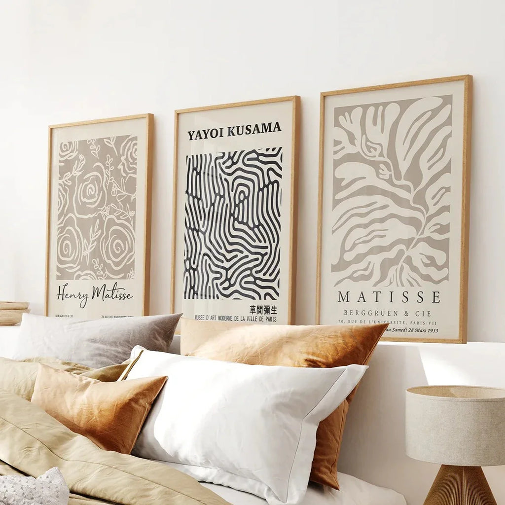 3er Set Pastell Beige Kunstdrucke. Henri Matisse und Yayoi Kusama