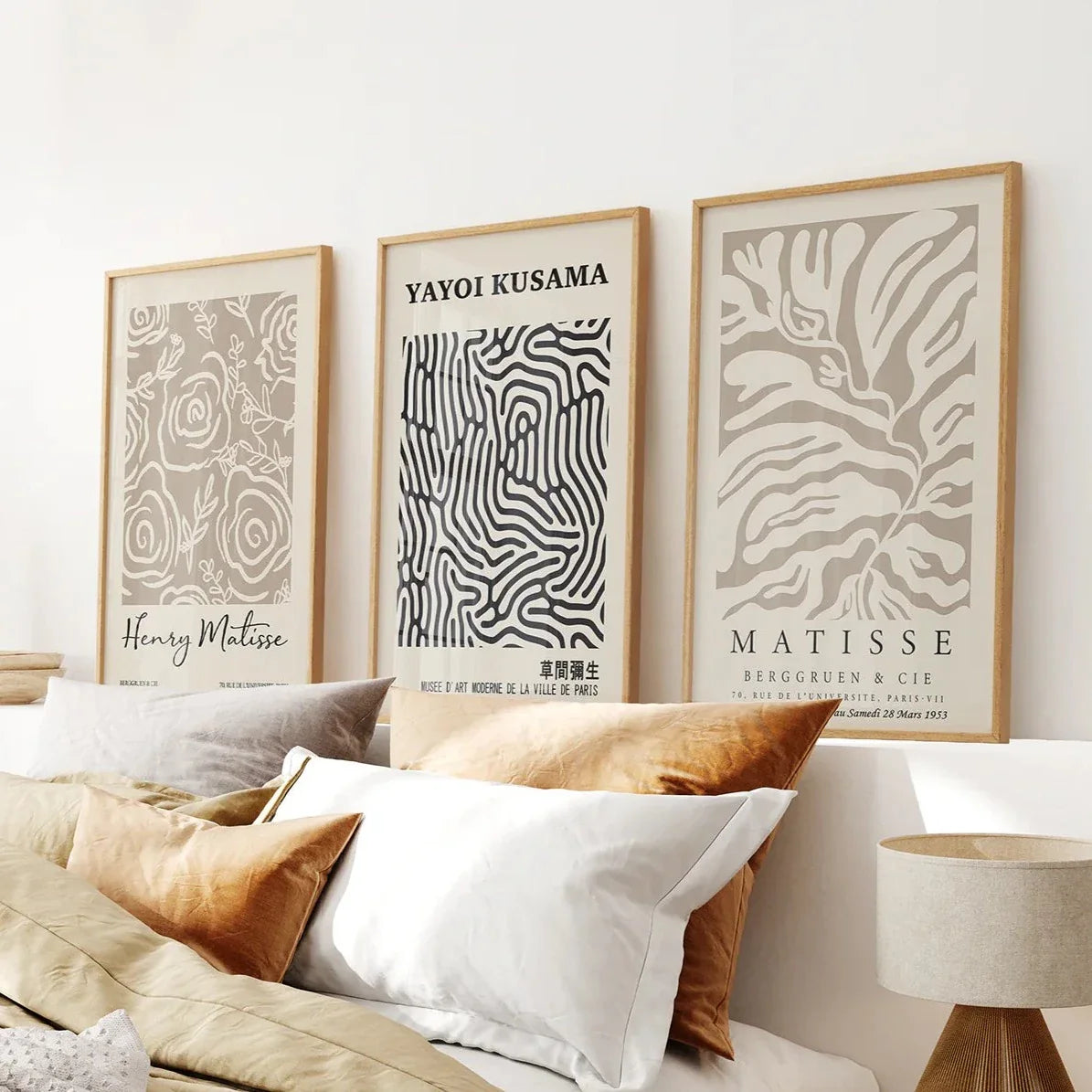 3er Set Pastell Beige Kunstdrucke. Henri Matisse und Yayoi Kusama