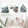Rustikales Weihnachts-Wandkunst-Set. Bäume, Hirsche, grüne Blockhütte