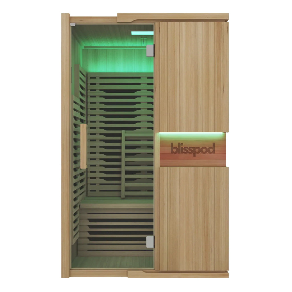 Blisspod | Milano | Vollspektrum-Sauna | Kanadisches Hemlockholz | Ultra-niedrige EMF | 5 Ferninfrarot- & 1 Rotglas-Heizstrahler | Chromotherapie | Für bis zu 2 Personen