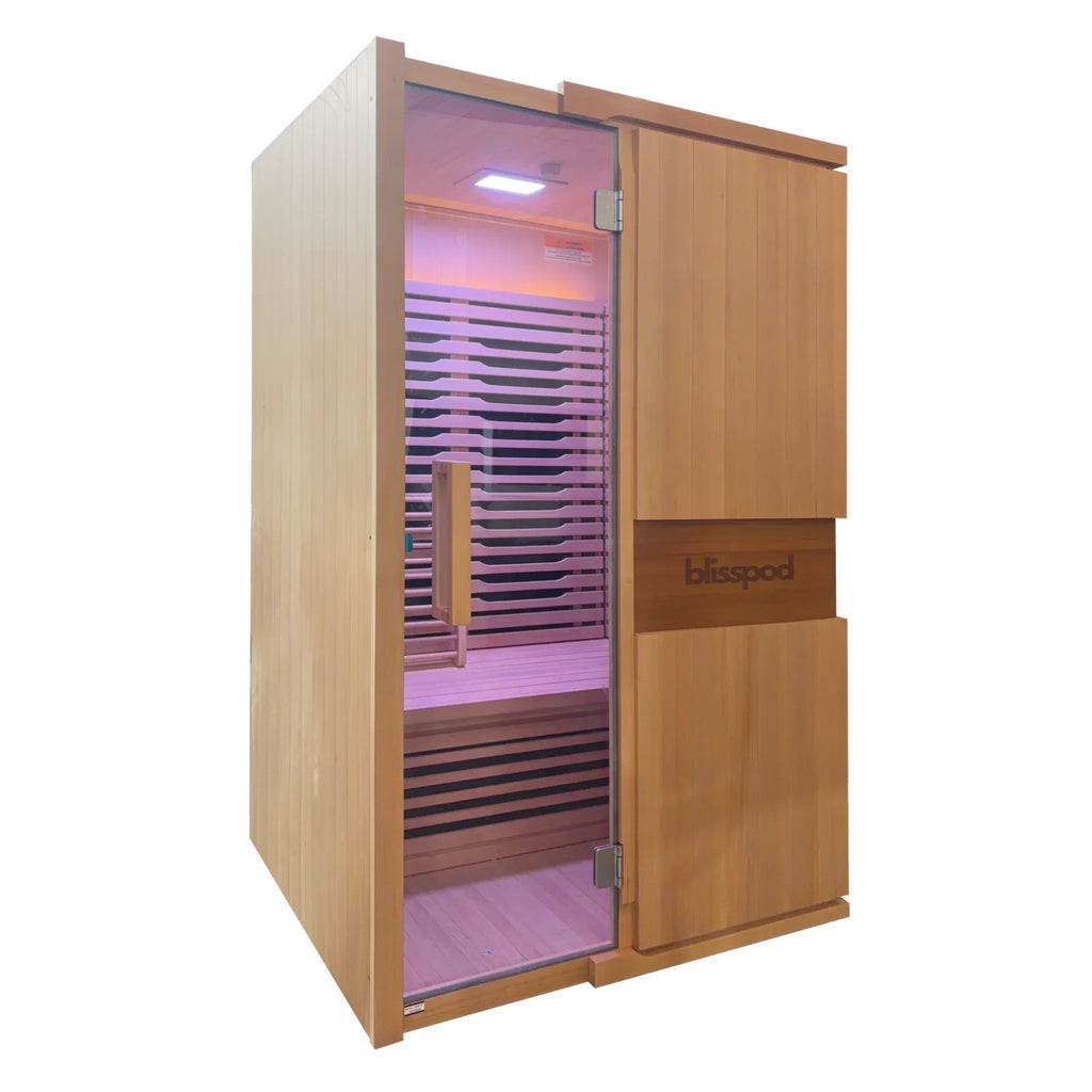 Blisspod | Milano | Vollspektrum-Sauna | Kanadisches Hemlockholz | Ultra-niedrige EMF | 5 Ferninfrarot- & 1 Rotglas-Heizstrahler | Chromotherapie | Für bis zu 2 Personen