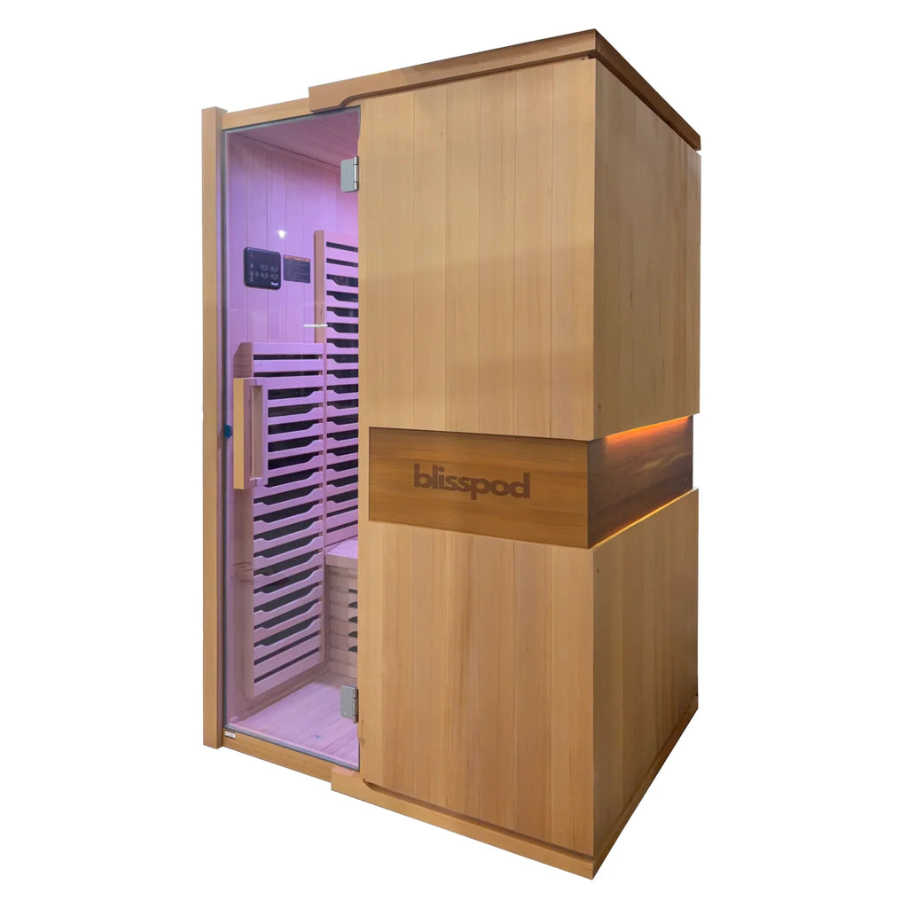 Blisspod | Milano | Vollspektrum-Sauna | Kanadisches Hemlockholz | Ultra-niedrige EMF | 5 Ferninfrarot- & 1 Rotglas-Heizstrahler | Chromotherapie | Für bis zu 2 Personen