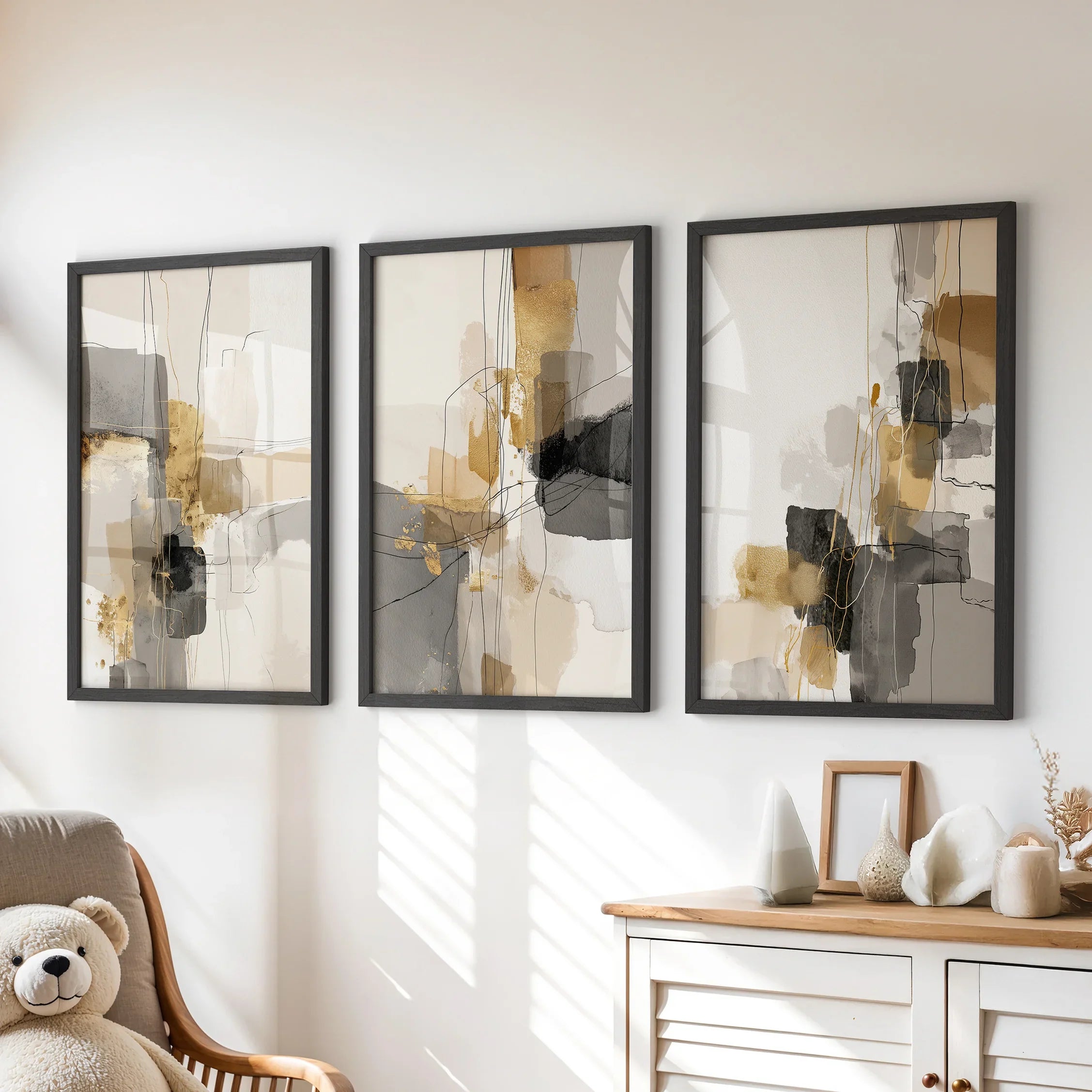 Neutral Abstrakt Wandkunst 3er Set. Beige, Grau, Gold Drucke