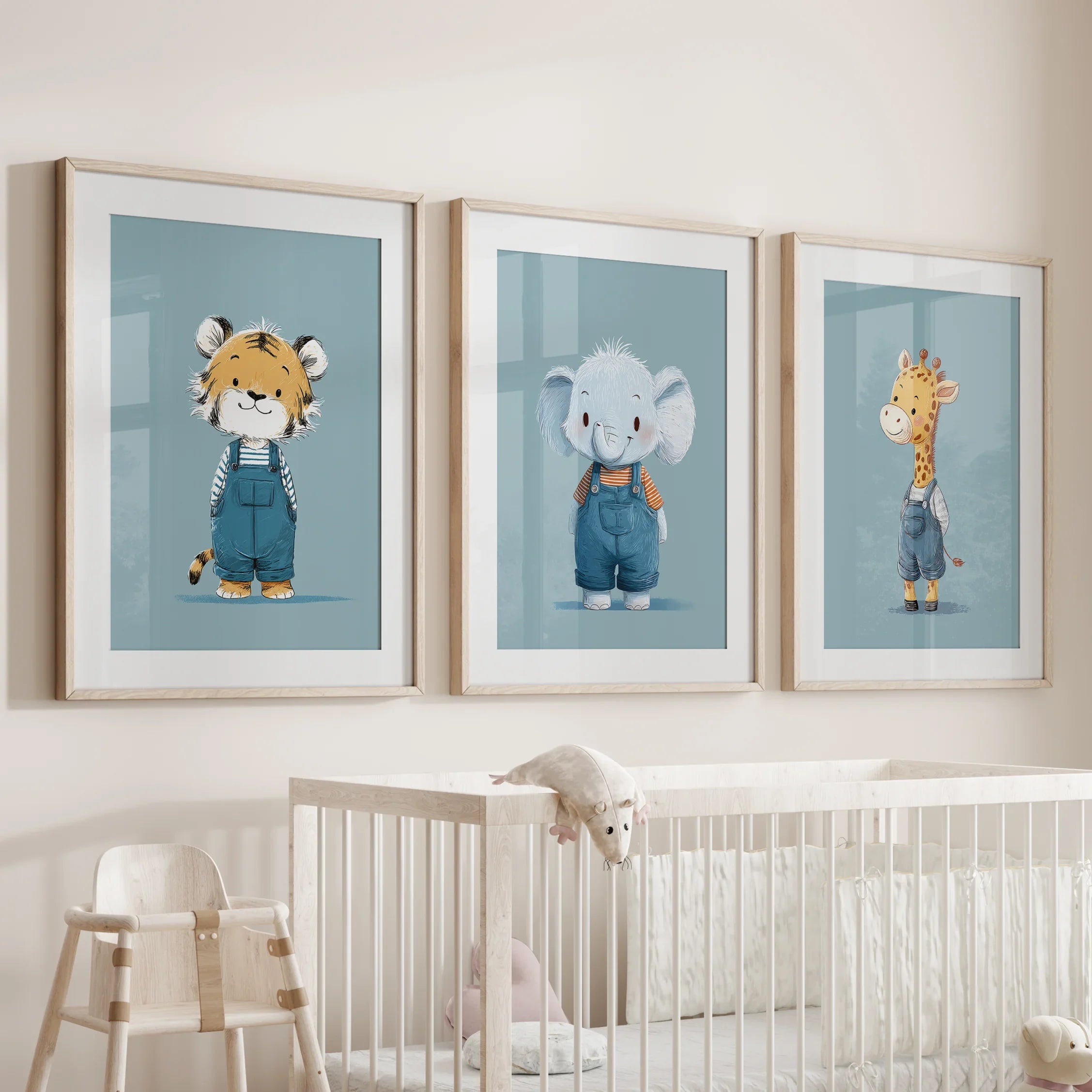 Safari Kinderzimmer Wandbild Set mit 3. Baby-Elefant, Giraffe, Tiger