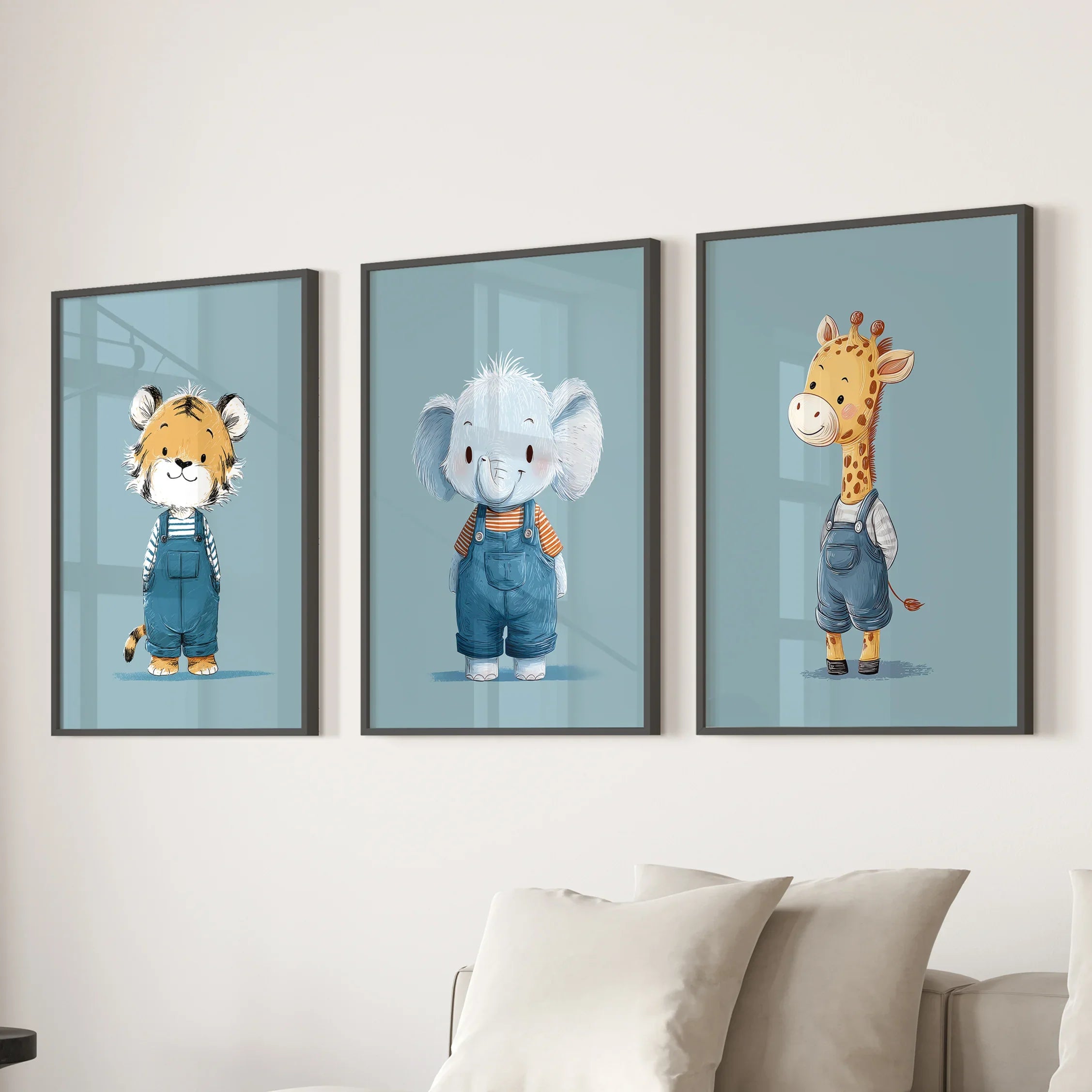 Safari Kinderzimmer Wandbild Set mit 3. Baby-Elefant, Giraffe, Tiger