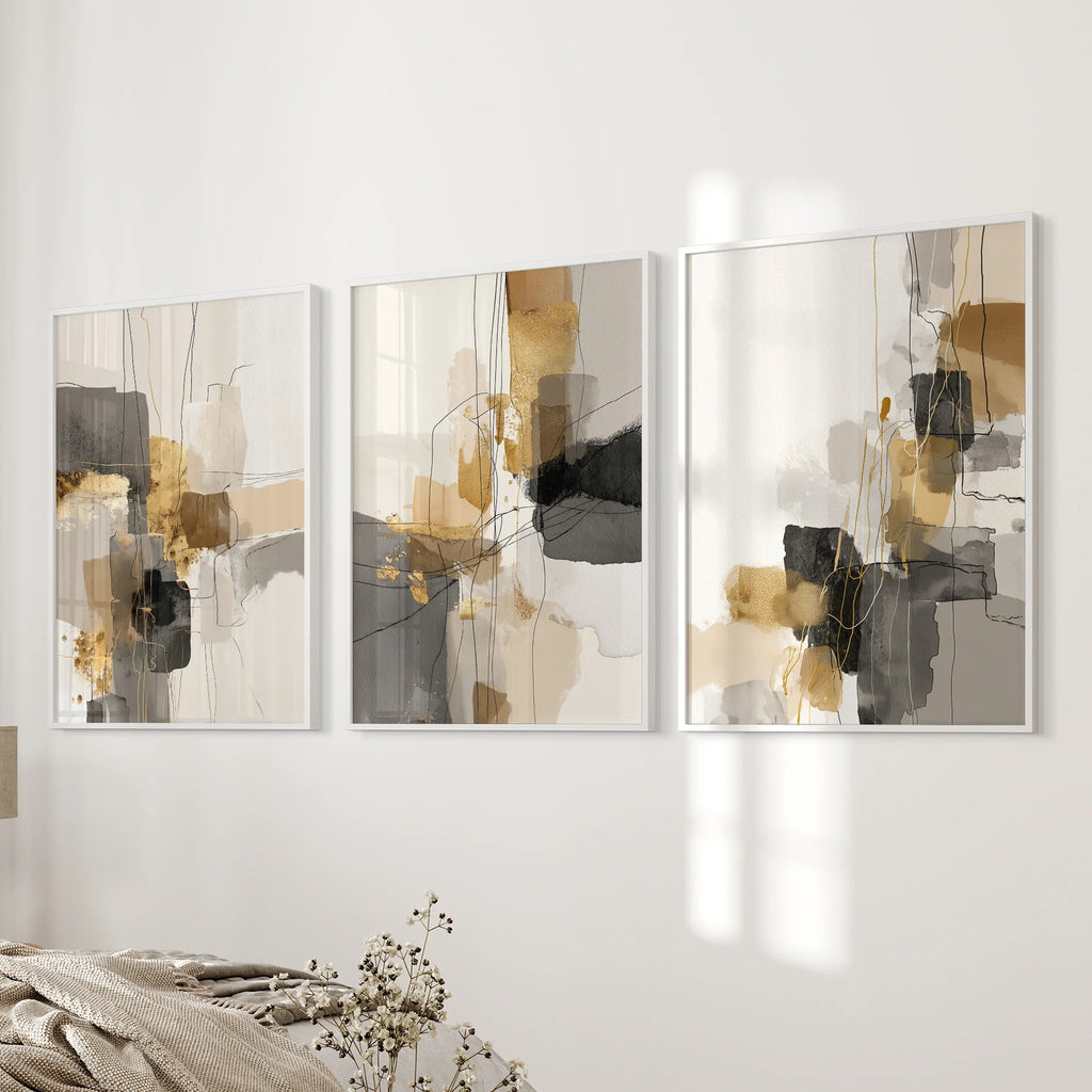 Neutral Abstrakt Wandkunst 3er Set. Beige, Grau, Gold Drucke