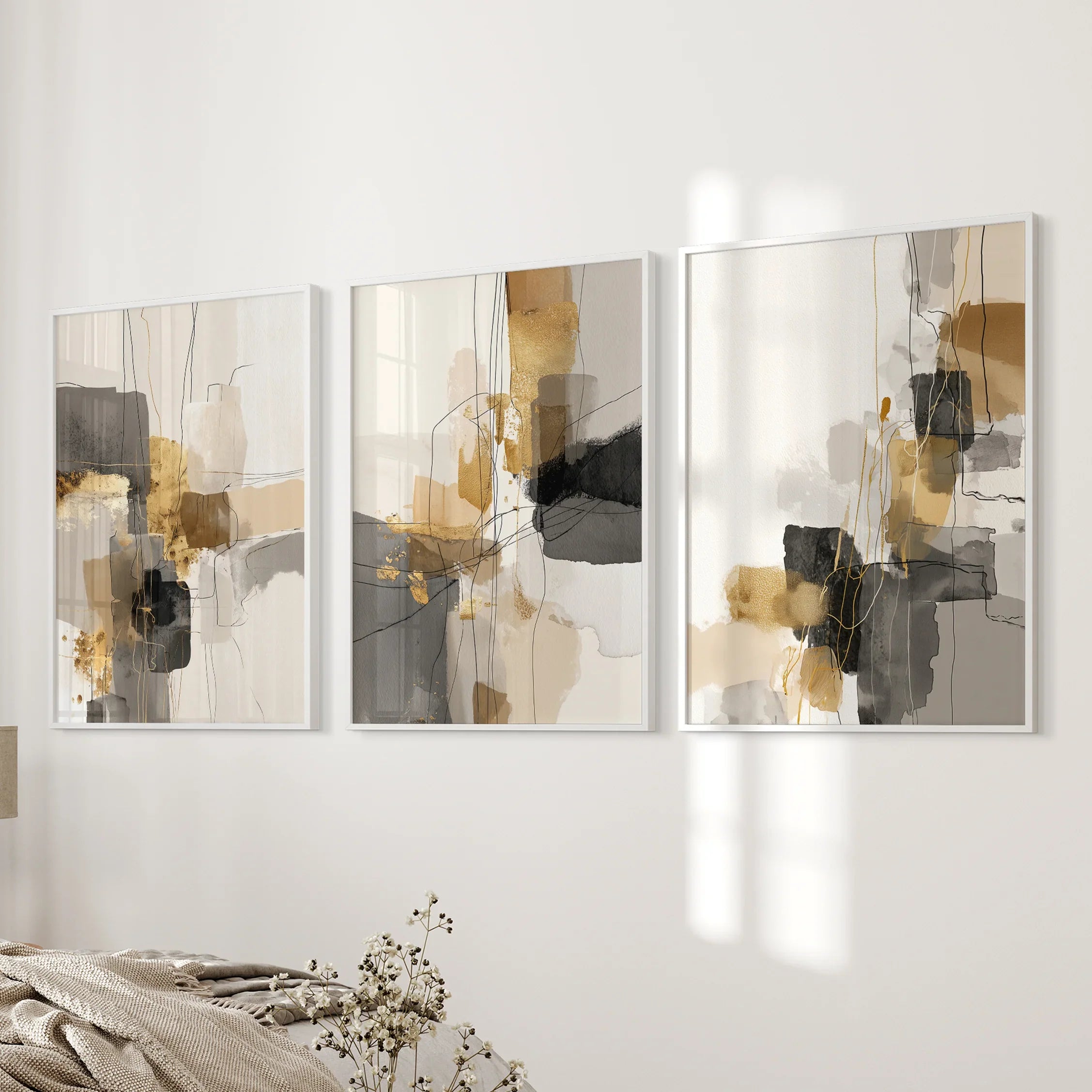 Neutral Abstrakt Wandkunst 3er Set. Beige, Grau, Gold Drucke
