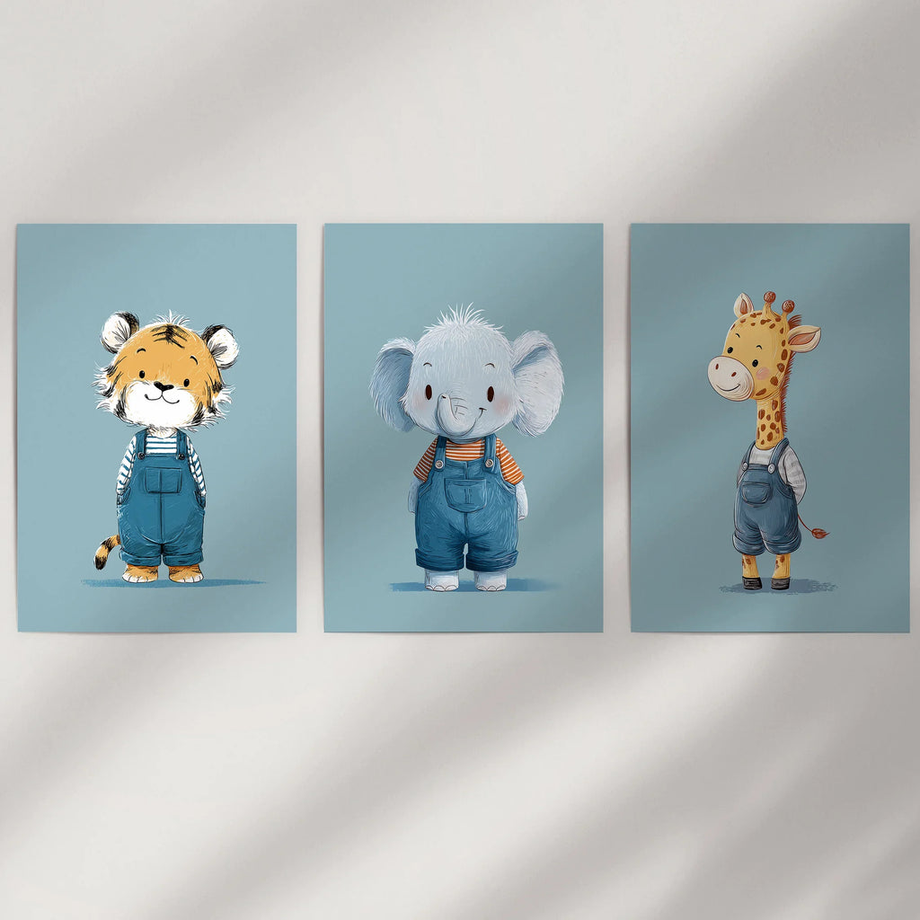 Safari Kinderzimmer Wandbild Set mit 3. Baby-Elefant, Giraffe, Tiger