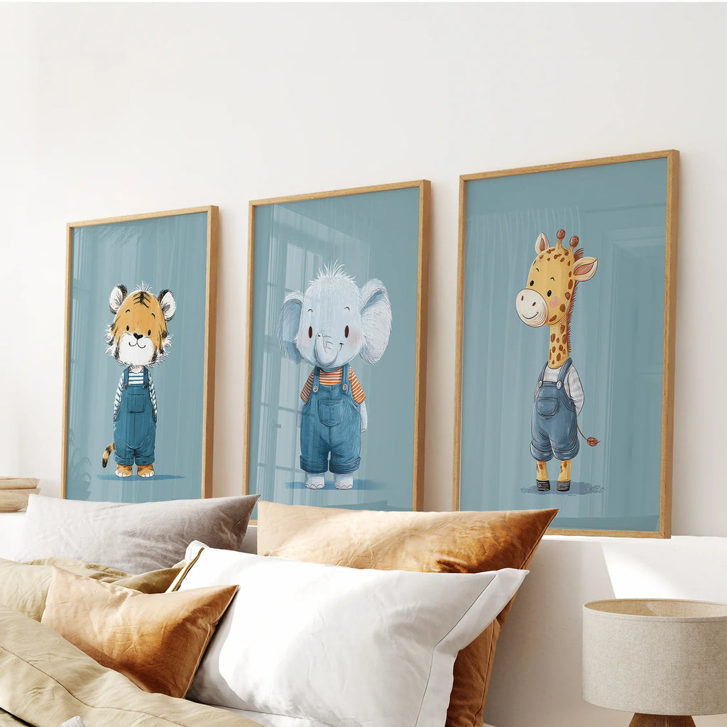 Safari Kinderzimmer Wandbild Set mit 3. Baby-Elefant, Giraffe, Tiger