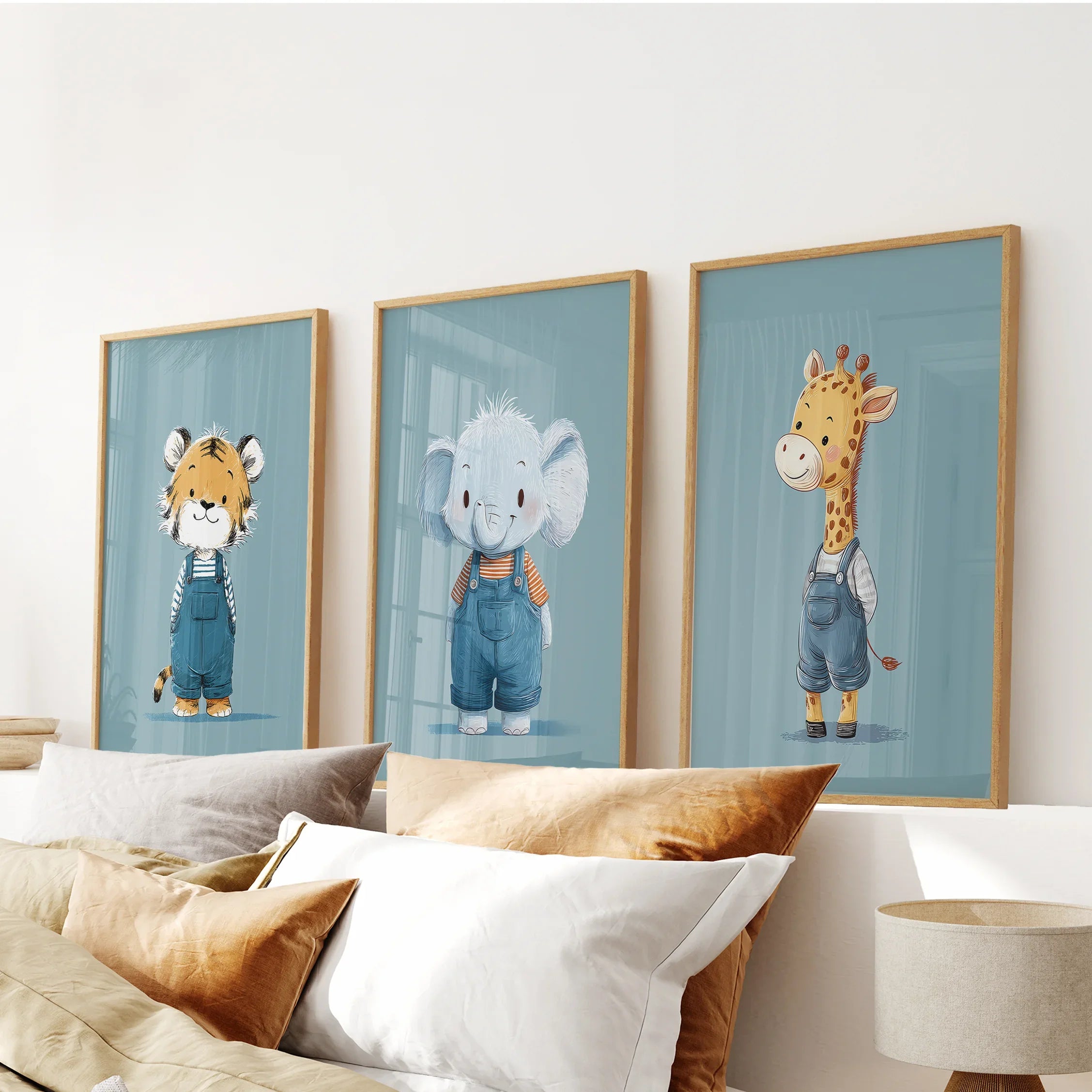 Safari Kinderzimmer Wandbild Set mit 3. Baby-Elefant, Giraffe, Tiger