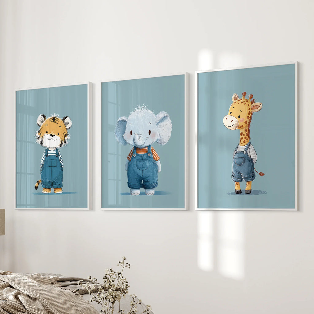 Safari Kinderzimmer Wandbild Set mit 3. Baby-Elefant, Giraffe, Tiger