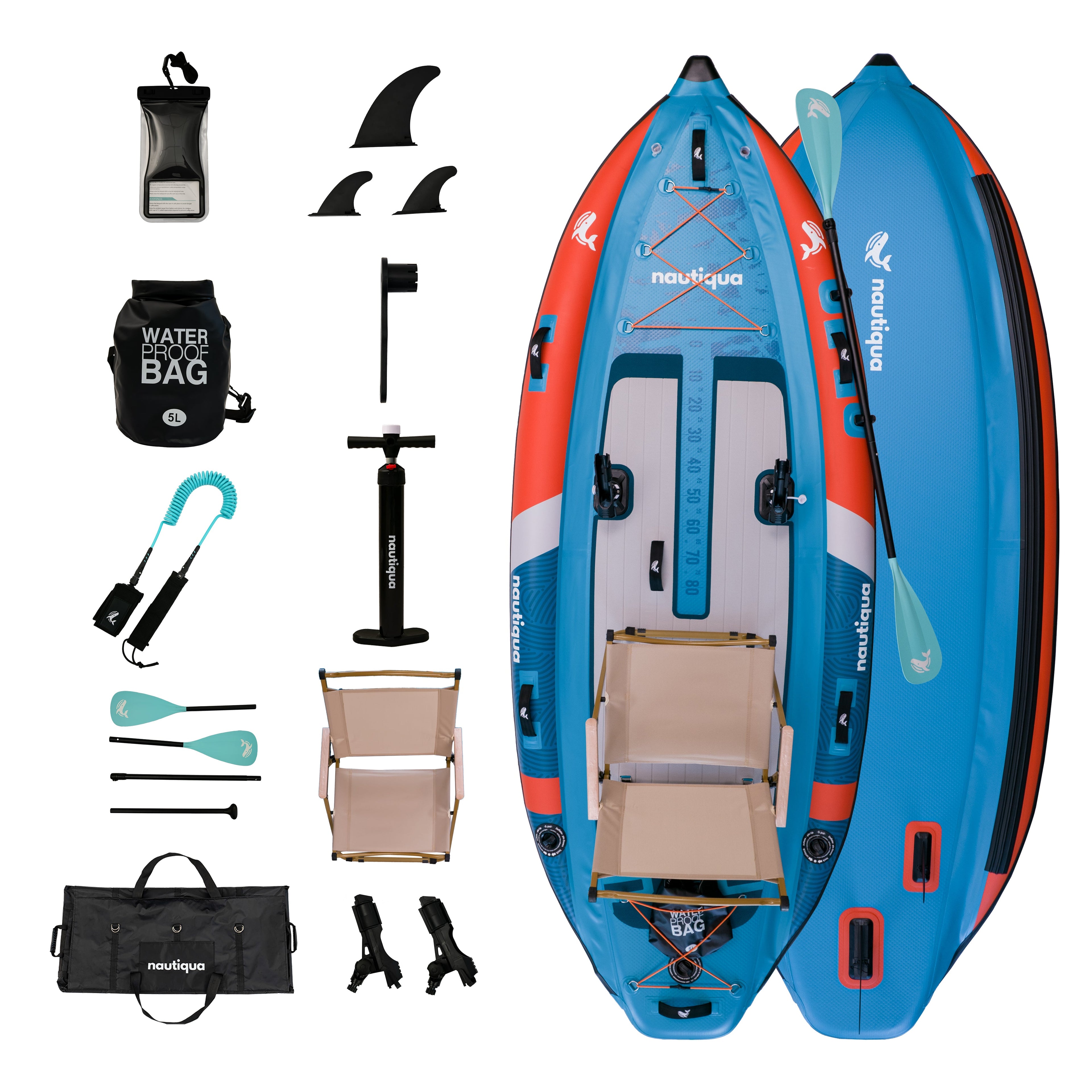 Nautiqua | CAPRI | Aufblasbares Deluxe 3-Kammer Angel-SUP Board mit Drop-Stitch-Technologie | 1 Person | 150 kg Tragkraft | Handpumpe & Tragetasche inklusive