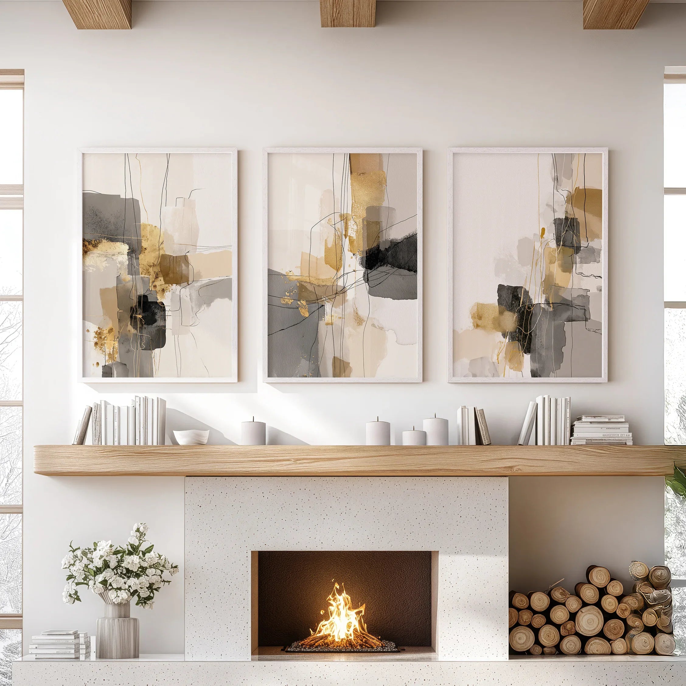 Neutral Abstrakt Wandkunst 3er Set. Beige, Grau, Gold Drucke