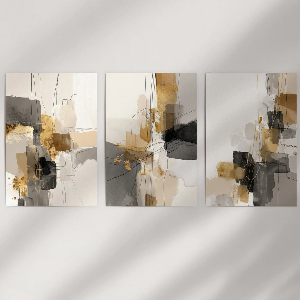 Neutral Abstrakt Wandkunst 3er Set. Beige, Grau, Gold Drucke