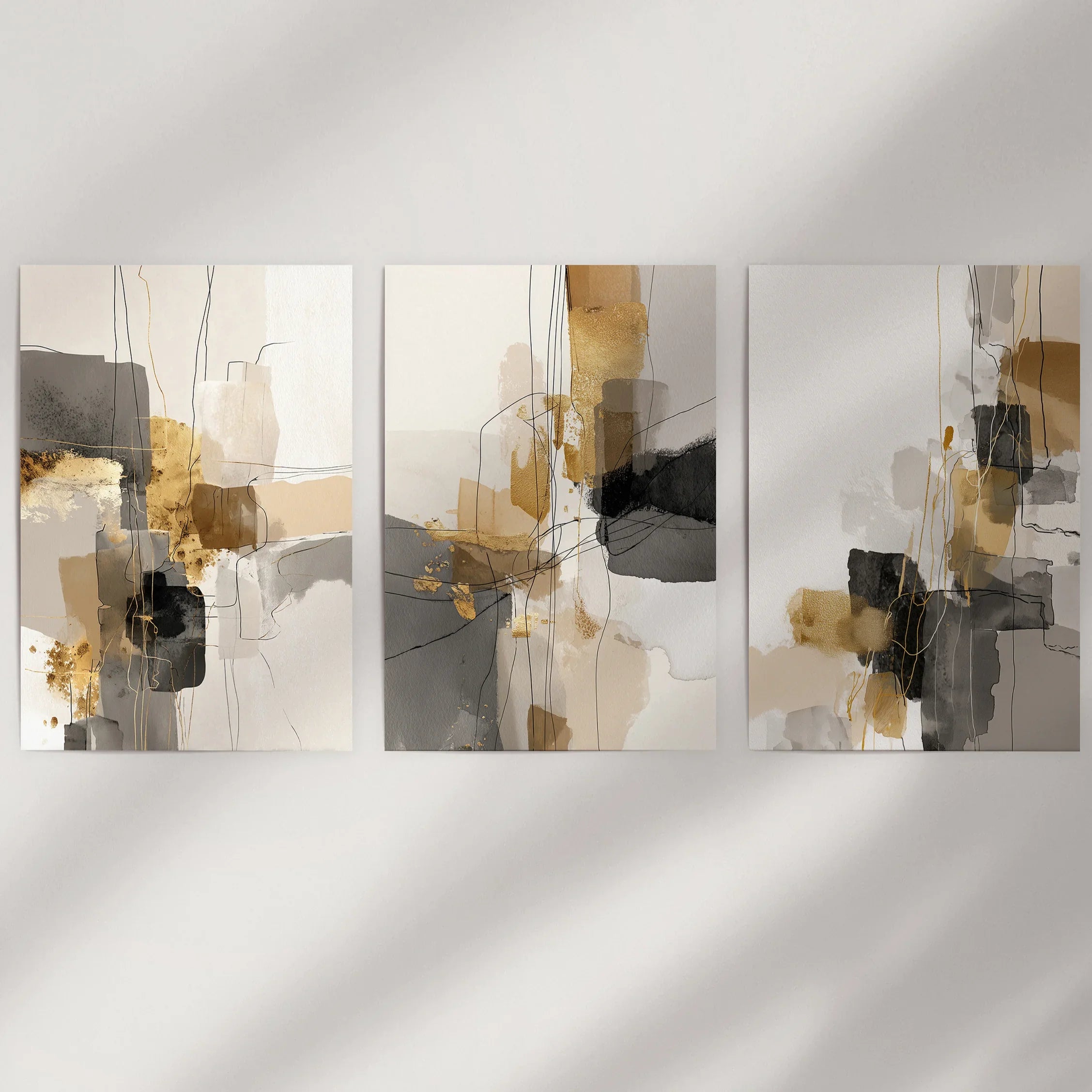 Neutral Abstrakt Wandkunst 3er Set. Beige, Grau, Gold Drucke