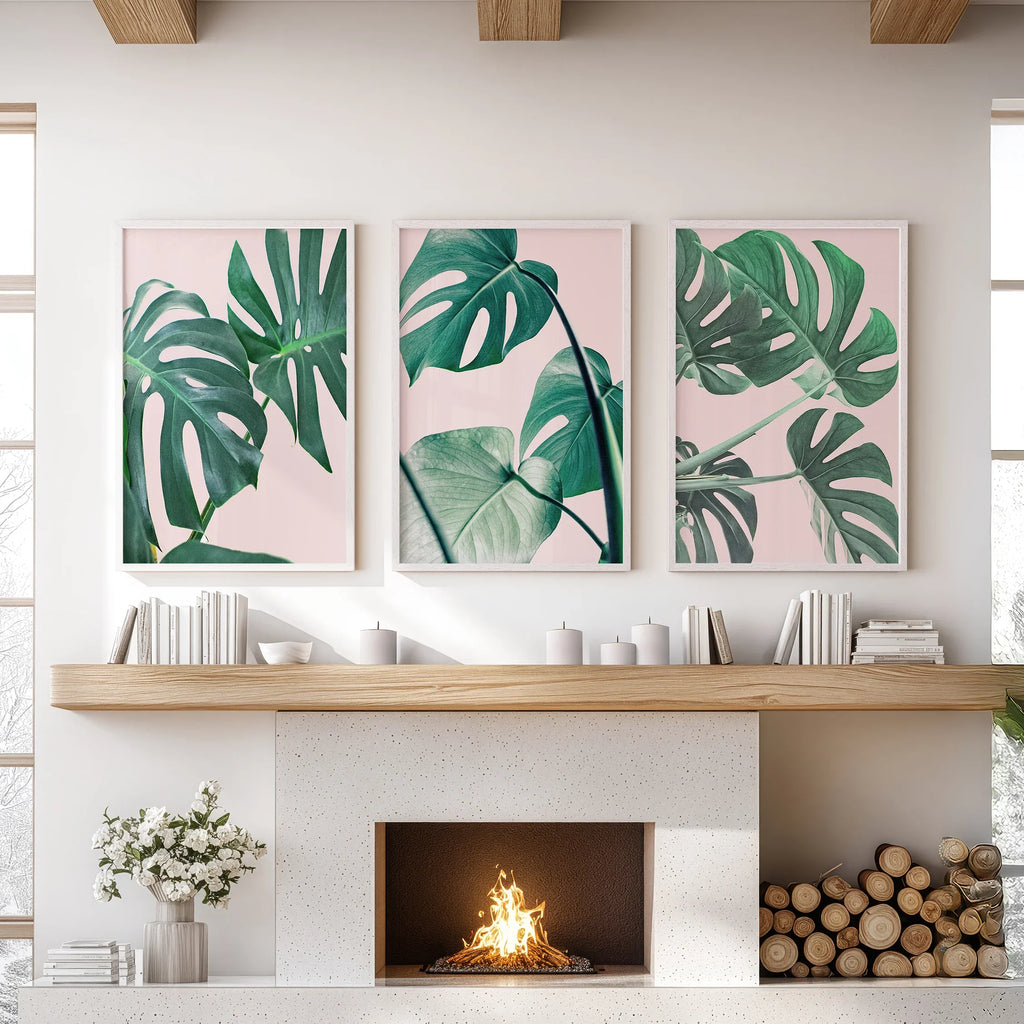 Rosa Botanische 3-teilige Wandkunst. Grüner Monstera Blätter Druck