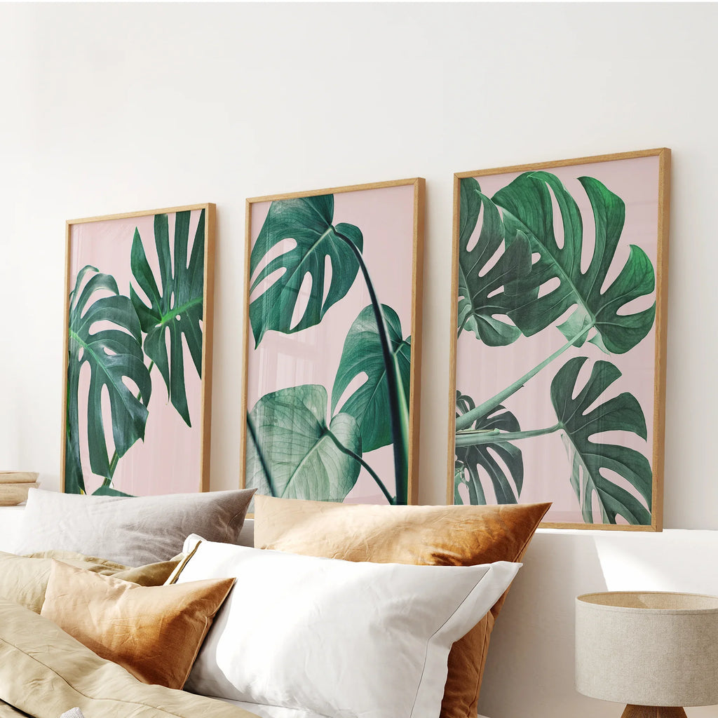 Rosa Botanische 3-teilige Wandkunst. Grüner Monstera Blätter Druck