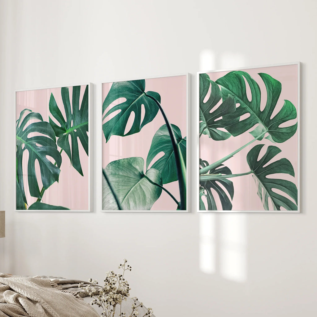 Rosa Botanische 3-teilige Wandkunst. Grüner Monstera Blätter Druck