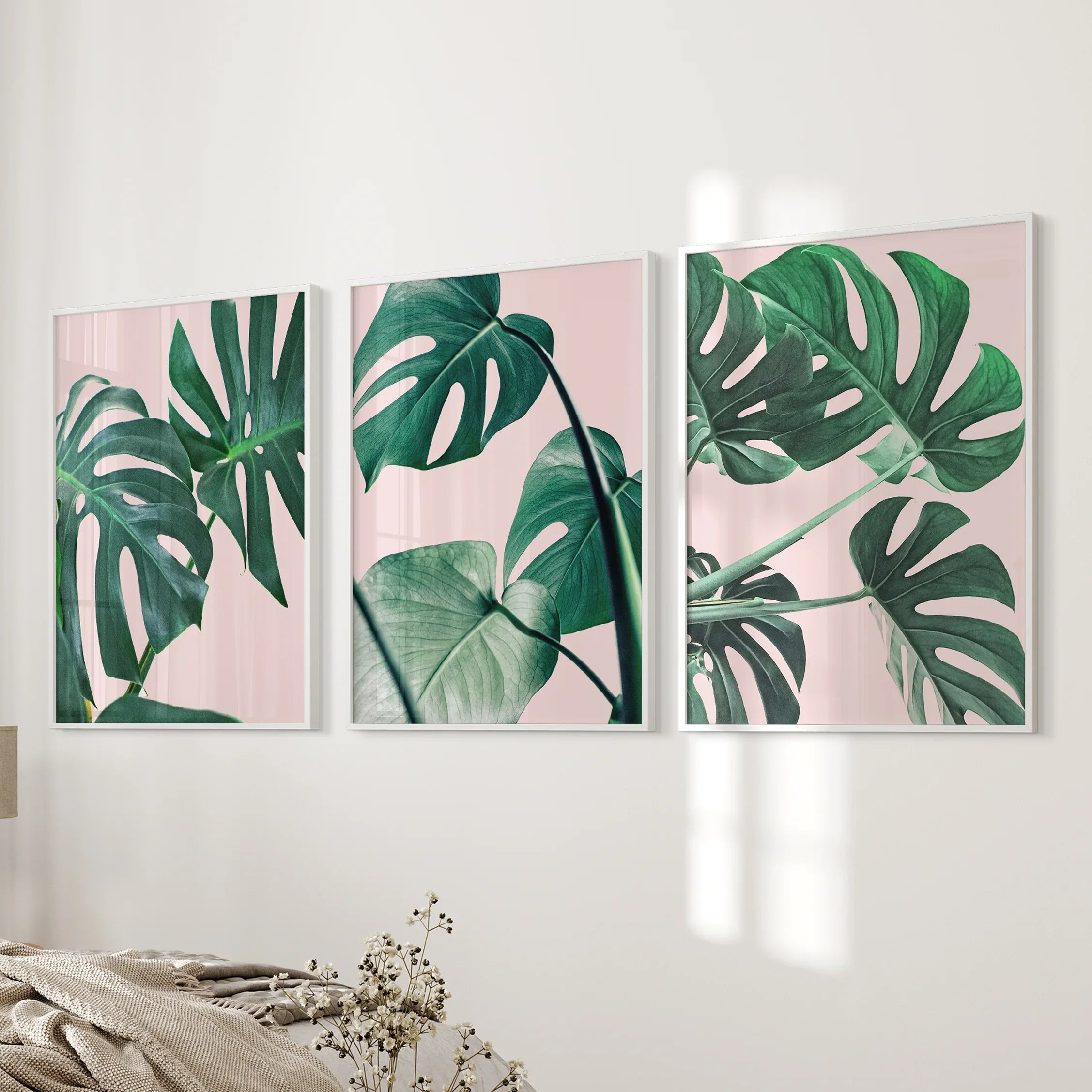 Rosa Botanische 3-teilige Wandkunst. Grüner Monstera Blätter Druck