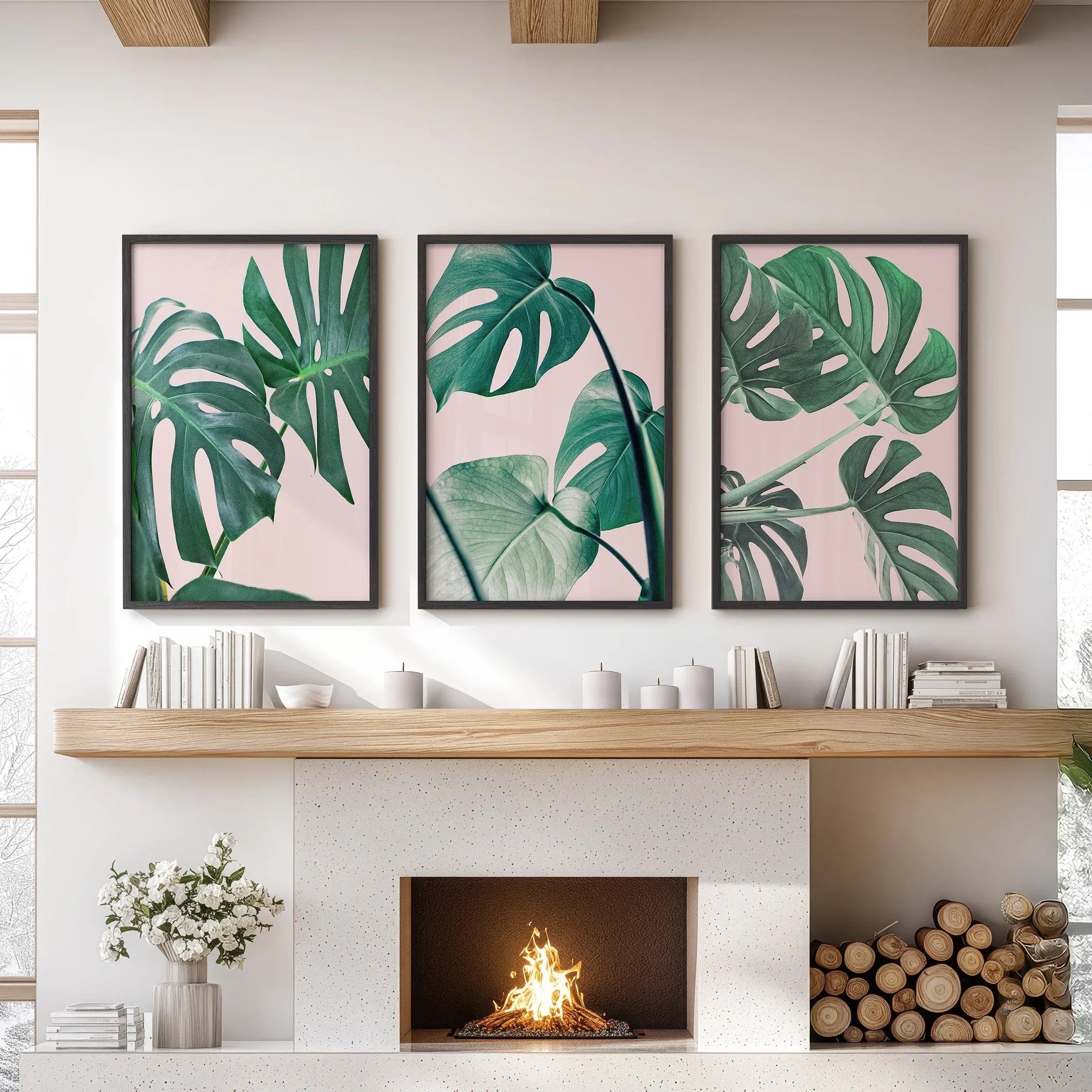 Rosa Botanische 3-teilige Wandkunst. Grüner Monstera Blätter Druck