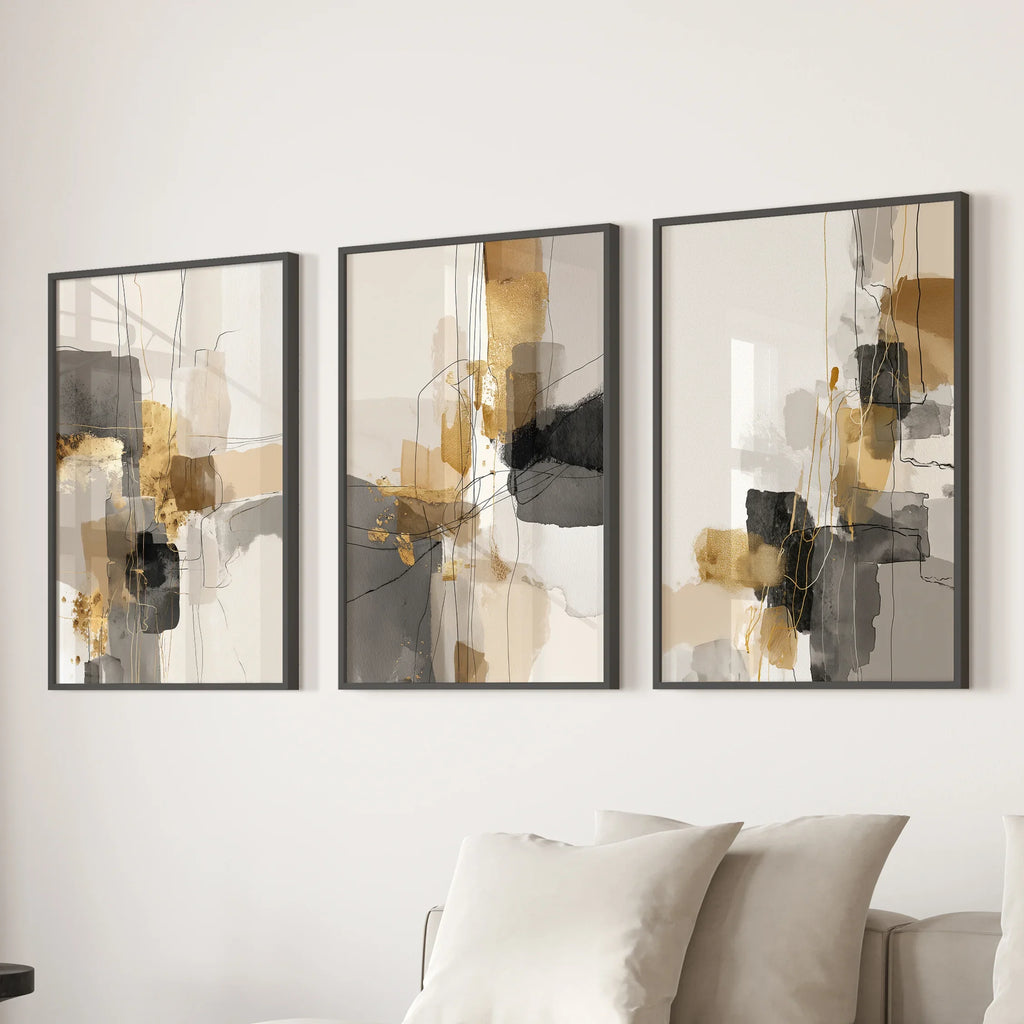 Neutral Abstrakt Wandkunst 3er Set. Beige, Grau, Gold Drucke